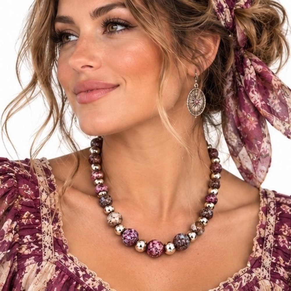 Marbled Glossy Beaded Statement Necklace Silver Tone Spacers Boho Jewelry